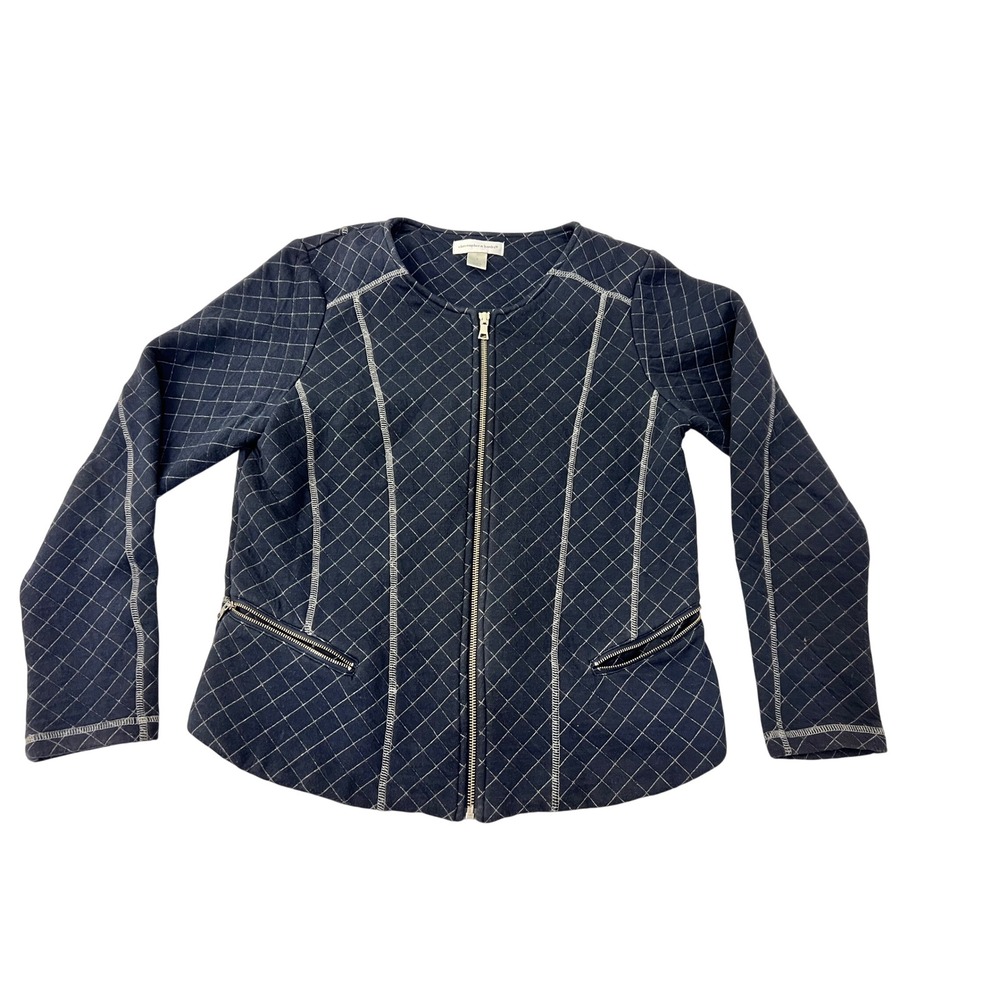 Christopher & Banks Navy Blue Quilted Zip Front Knit Jacket Small 008038-9931